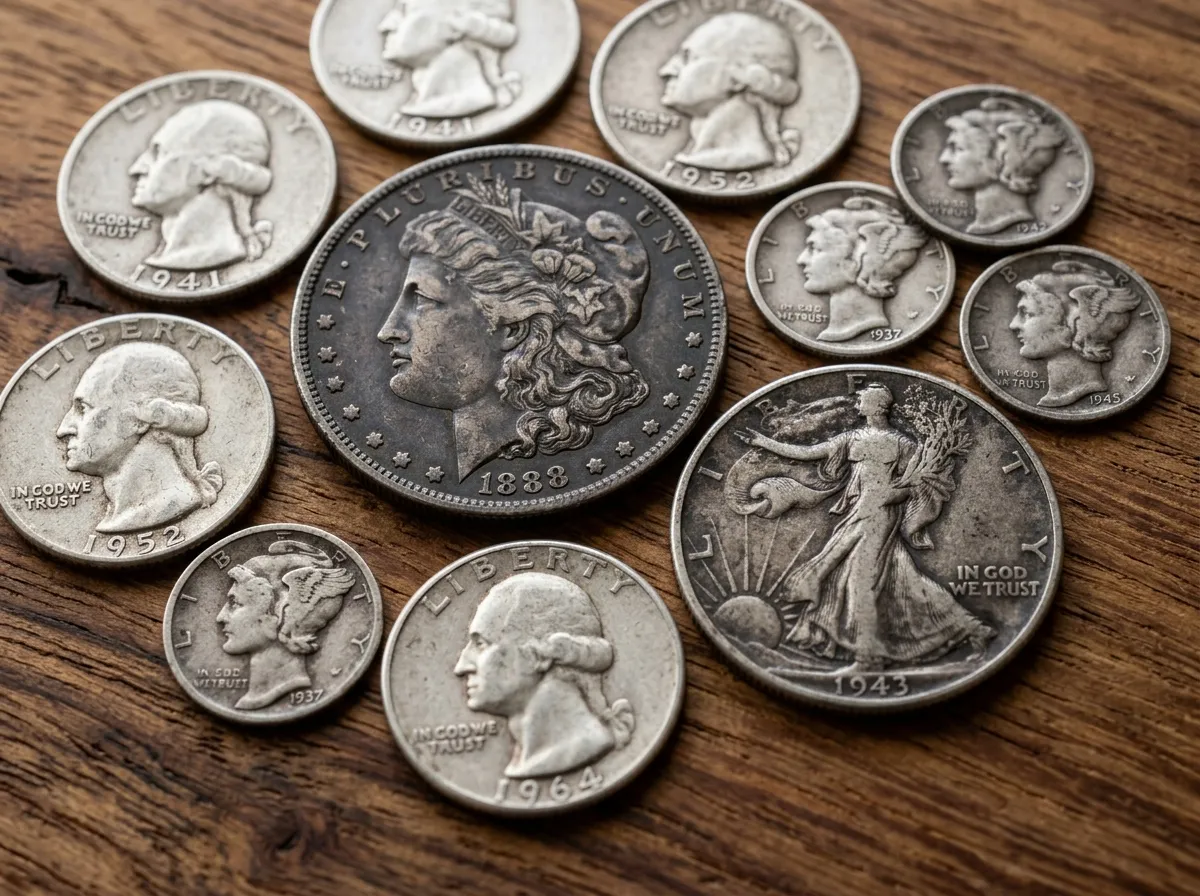 Circulated 90 percent silver US coins including Morgan dollar, Walking Liberty half, Washington quarter, and Mercury dime
