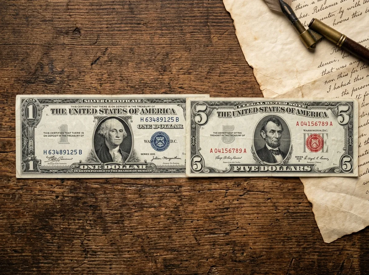 Historic US paper currency display featuring Silver Certificates and Red Seal United States Notes on rustic wood