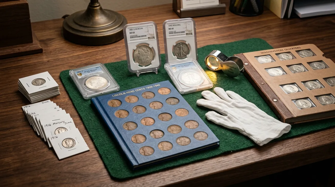 Coin collection appraisal tray with open vintage Whitman and Dansco albums, PCGS graded slabs, cotton gloves, and cardboard coin flips