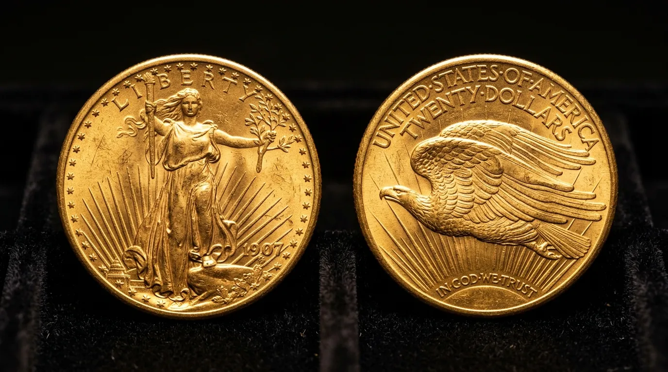 Historic Pre-1933 US Gold Double Eagles on black velvet jeweler display