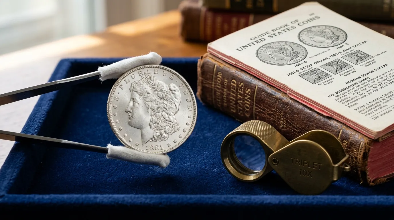 Macro inspection of uncirculated Morgan silver dollar with 10x jeweler triplet loupe and numismatic reference guide