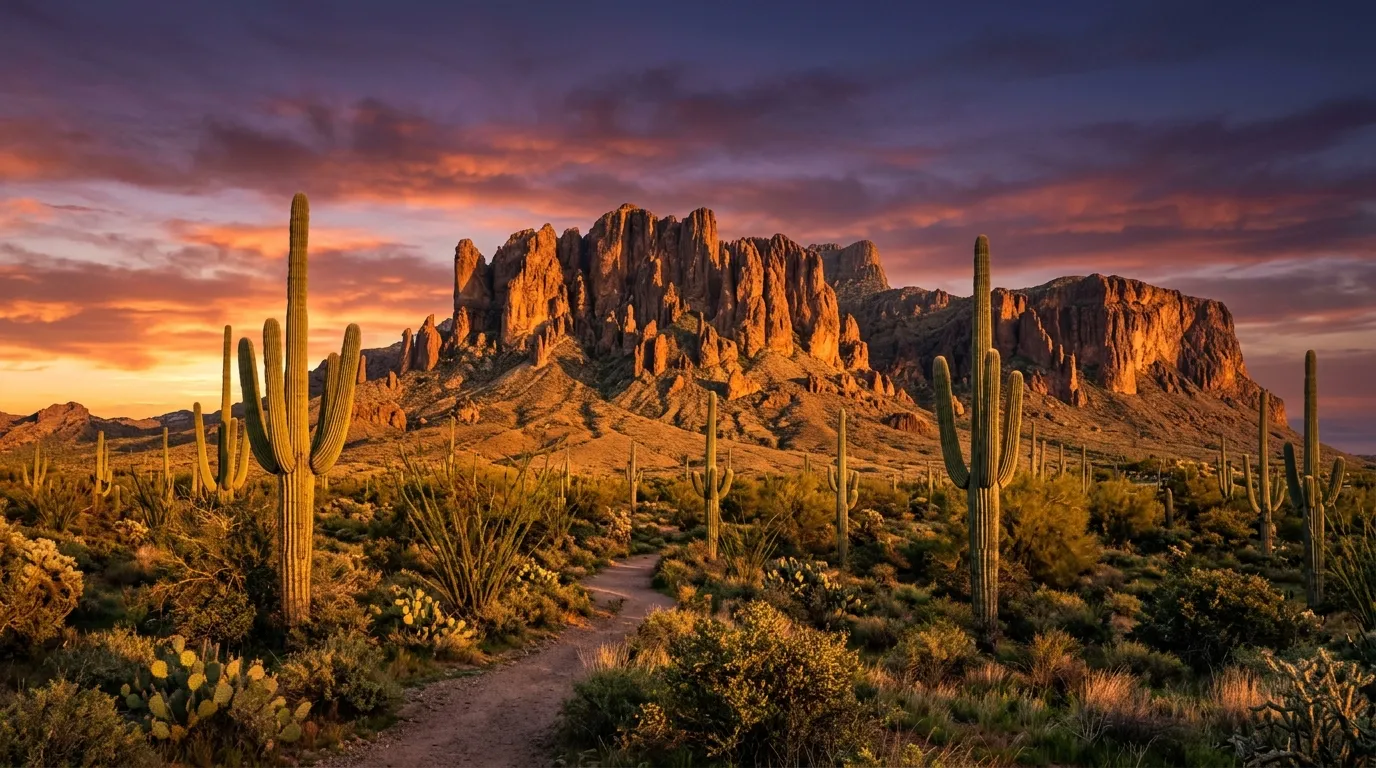 The rugged cliffs and volcanic ramparts of the Superstition Mountains at desert sunset