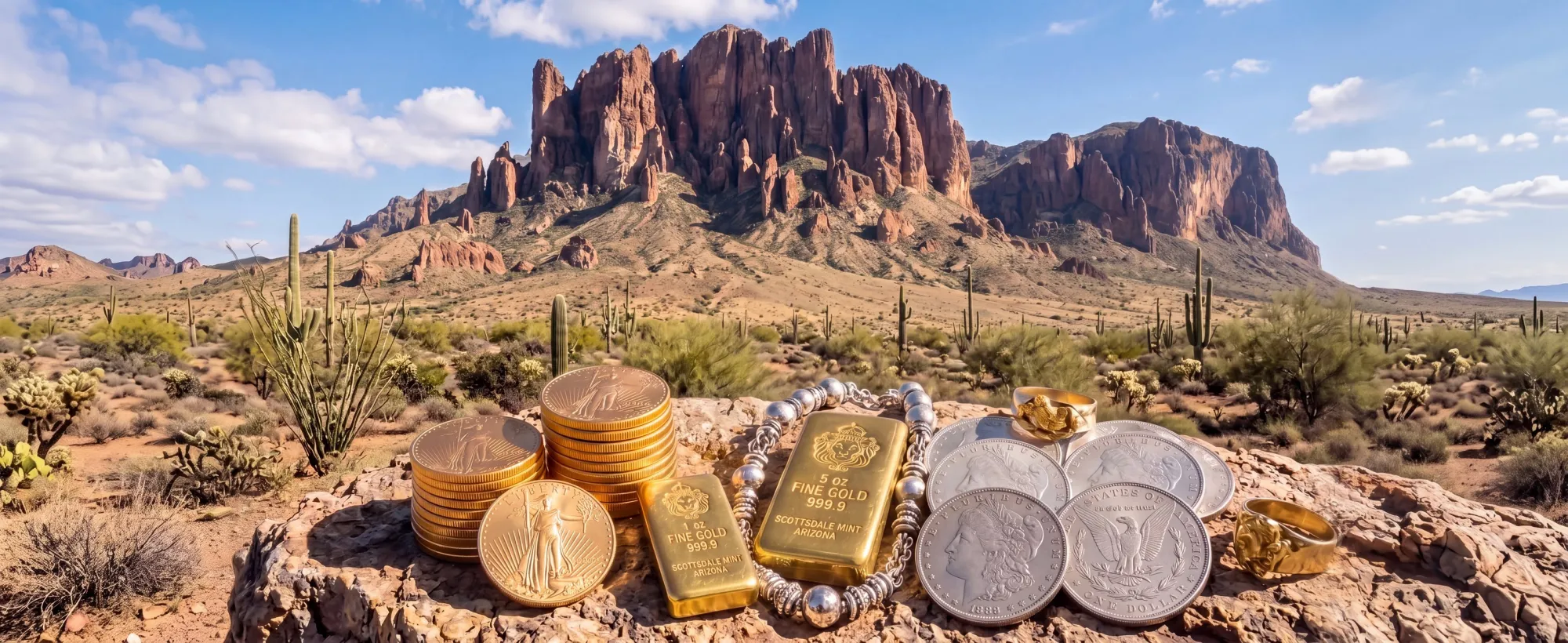 The Superstition Mountains above Apache Junction, with American Gold Eagles, Scottsdale Mint gold bars, a Southwestern sterling silver bead necklace, Morgan silver dollars and gold nugget rings arranged on a desert rock